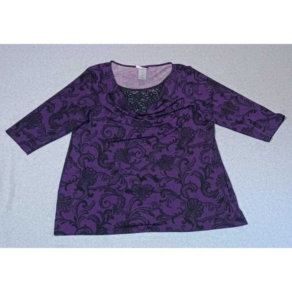 Just My Size 3/4 Sleeve Cowl Neck Blouse 1X Purple Black Lace Whimsigoth Fairy